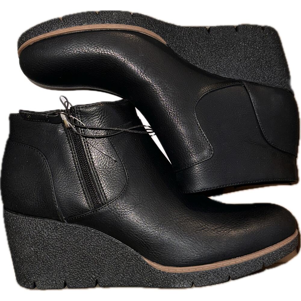 Dr Scholls Womens Black Wedge Ankle Bootie Faux Leather boots Side Zip bianc - Picture 3 of 6